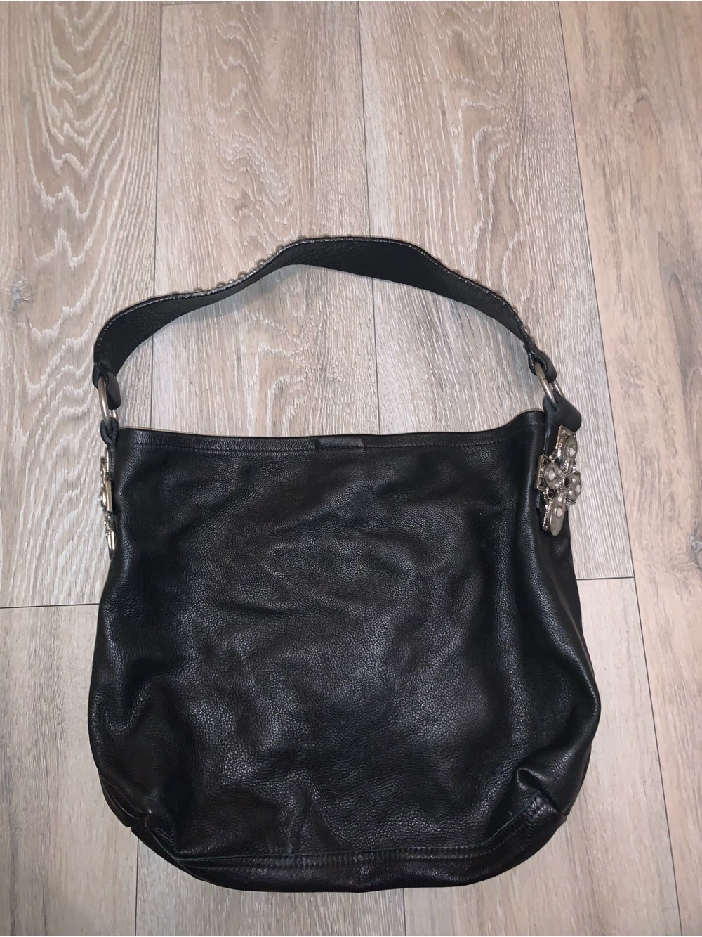 Leatherock USA Black leather Hobo Bag Studded and Crystal-Embellished Cross